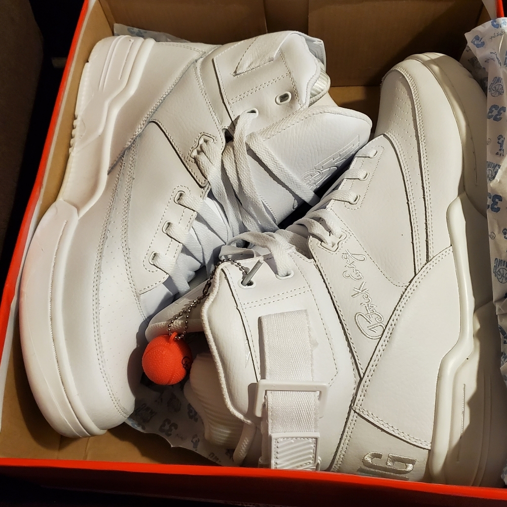 All White Patrick Ewing Hi-Top Sneakers